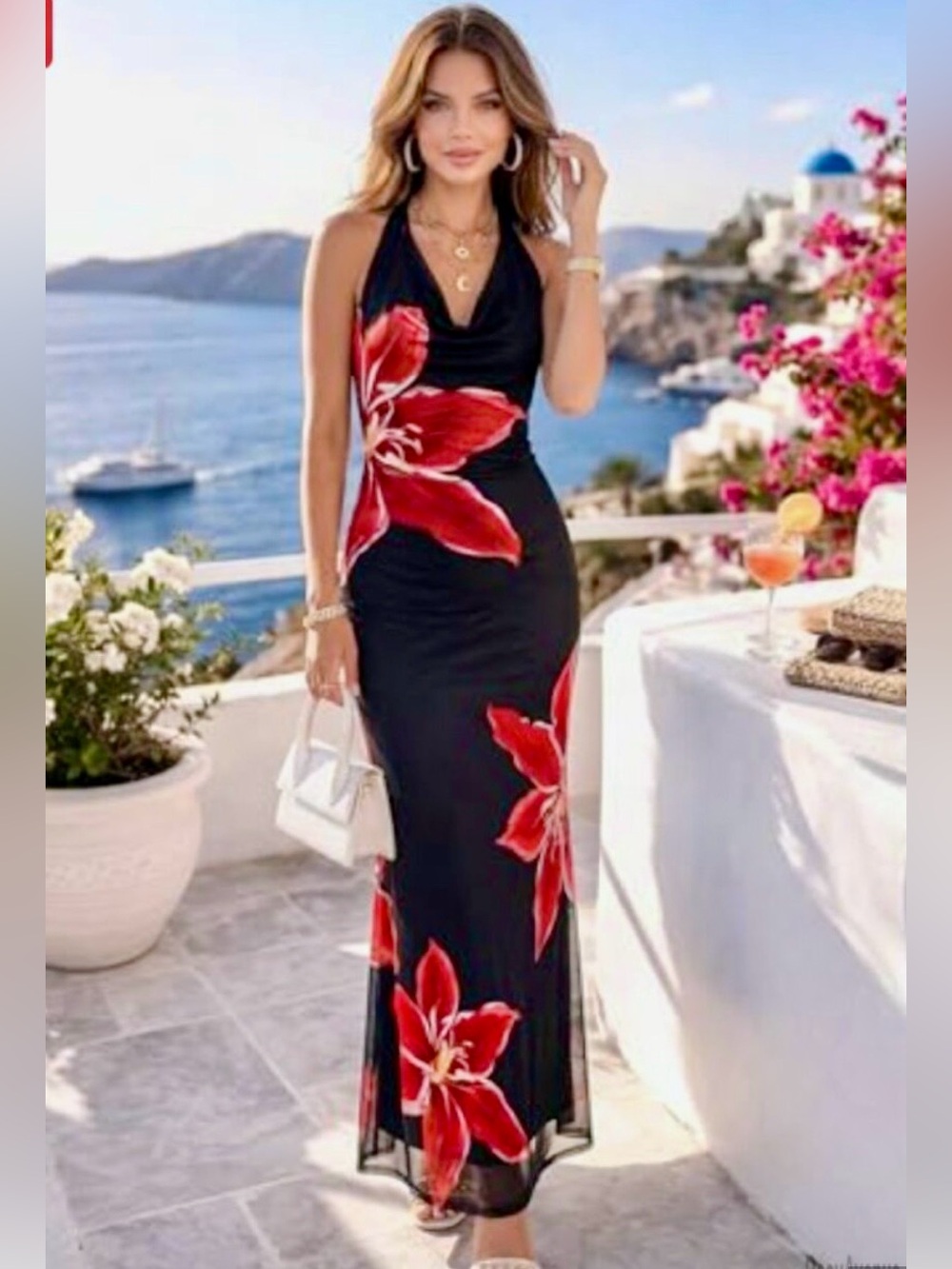 Sleeveless Black Halter Maxi Dress with Red Floral Design/Backless/Wedding guest